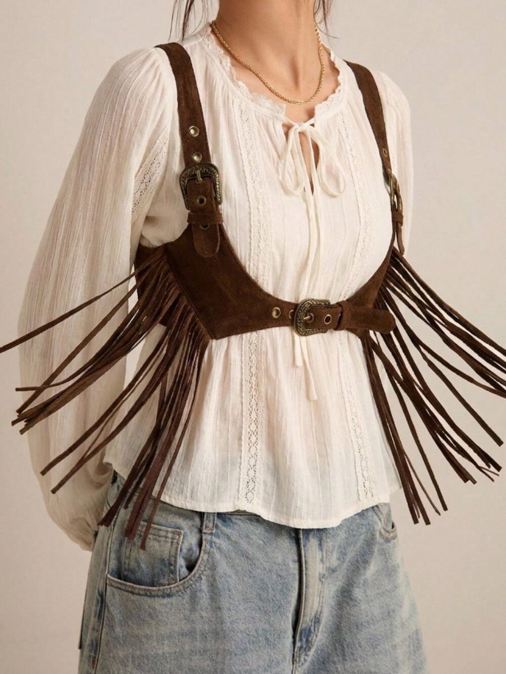 Mocha Brown Boho Women's Tassel Fringe Top with Chicken Eye Print